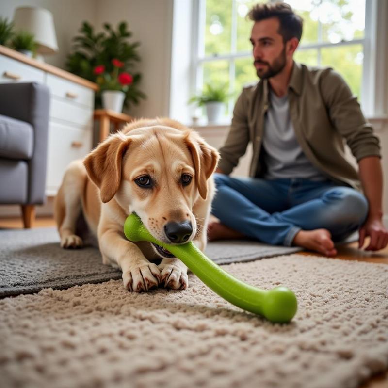 Dog Chewing Nylon Bone with Owner Supervision