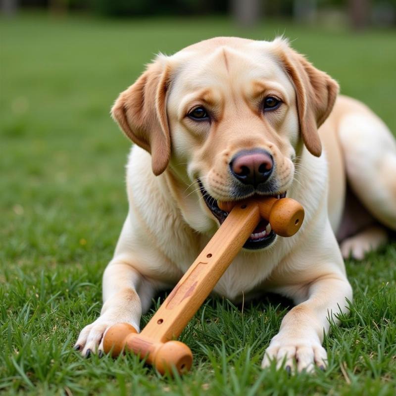 A dog happily chewing on a Rough Rider bone