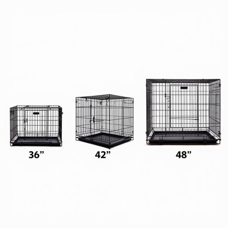 Different dog crate sizes compared, showing 36", 42", and 48" crates.