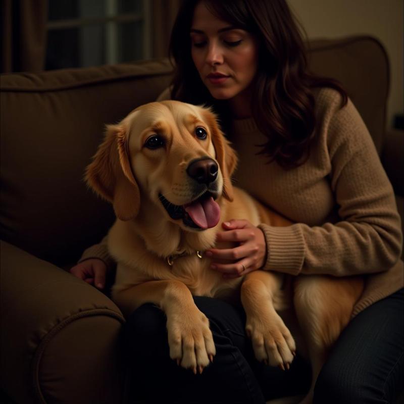 Dog cuddling with owner on couch