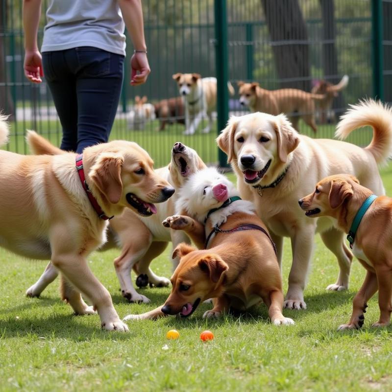 Dogs socializing and playing at dog day care