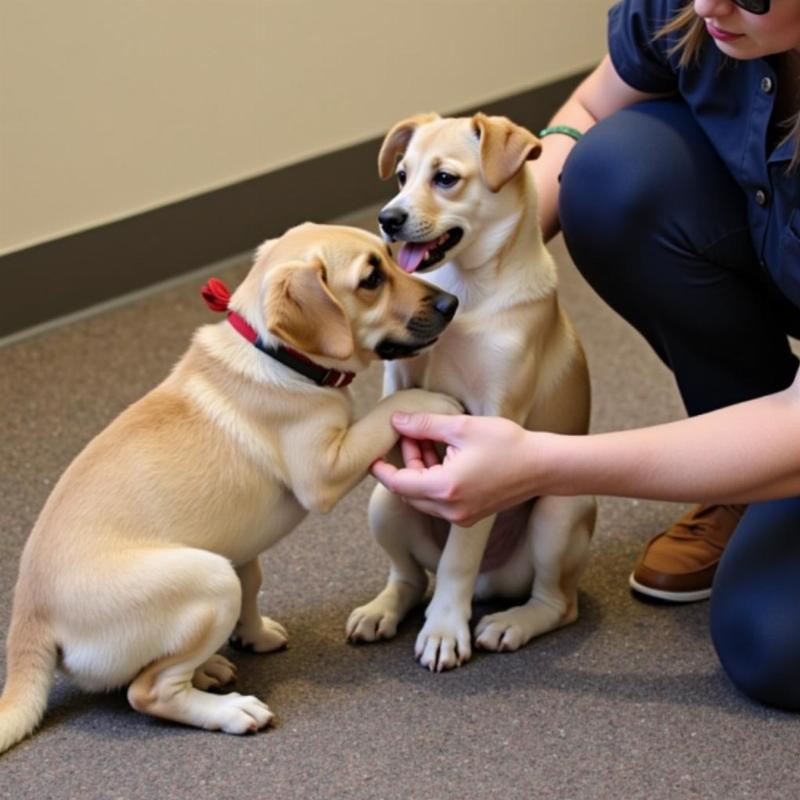 A puppy socializing at dog day care in Nags Head