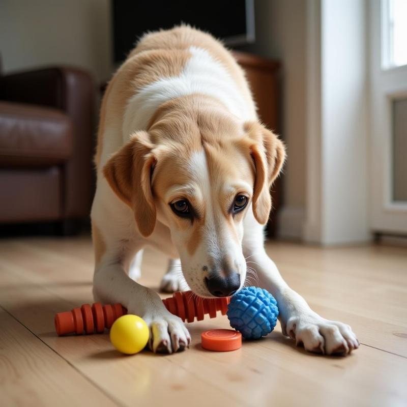 Senior Dog Playing with Puzzle Toys