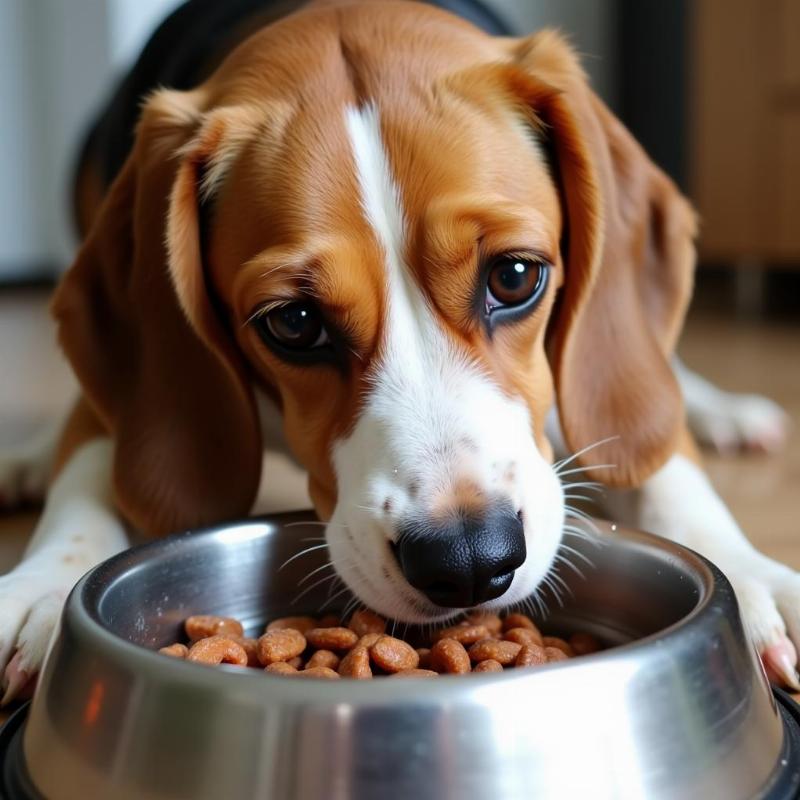 A dog drinking water after eating moist dog food