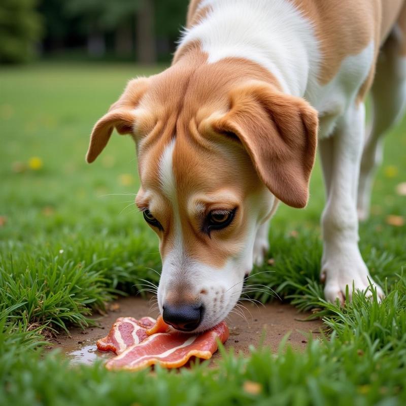 Dog eating grass where bacon grease has dripped