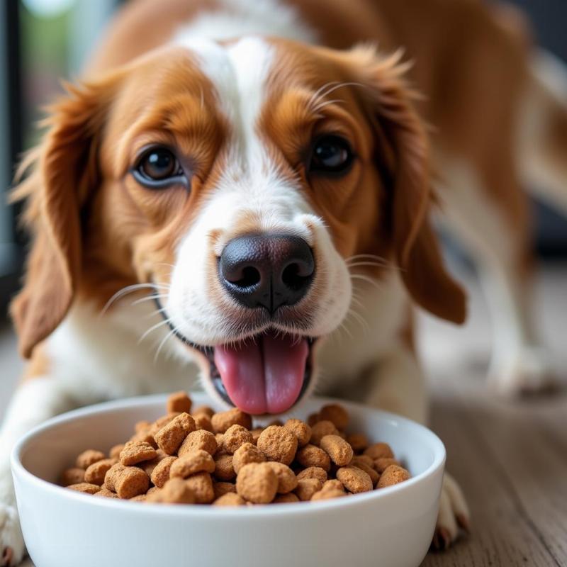 A dog eating food mixed with Fortiflora