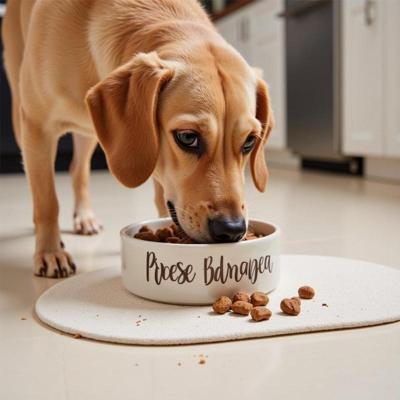 Dog Eating from a Personalized Bowl on a Mat