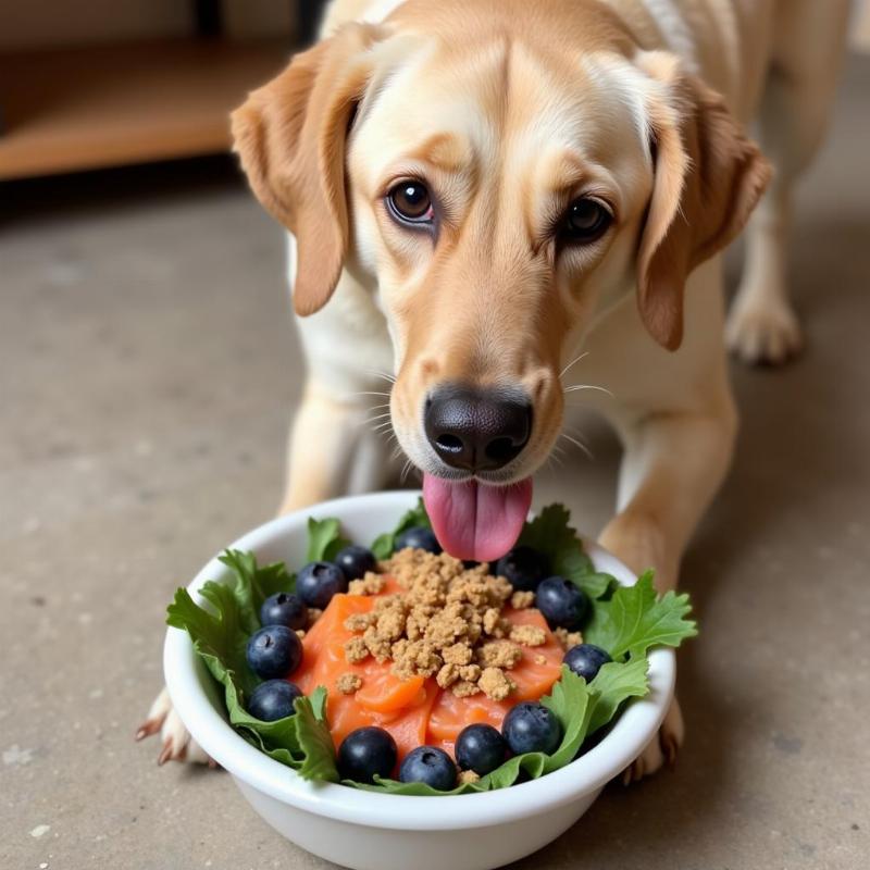 A dog enjoys a meal with anti-inflammatory ingredients.