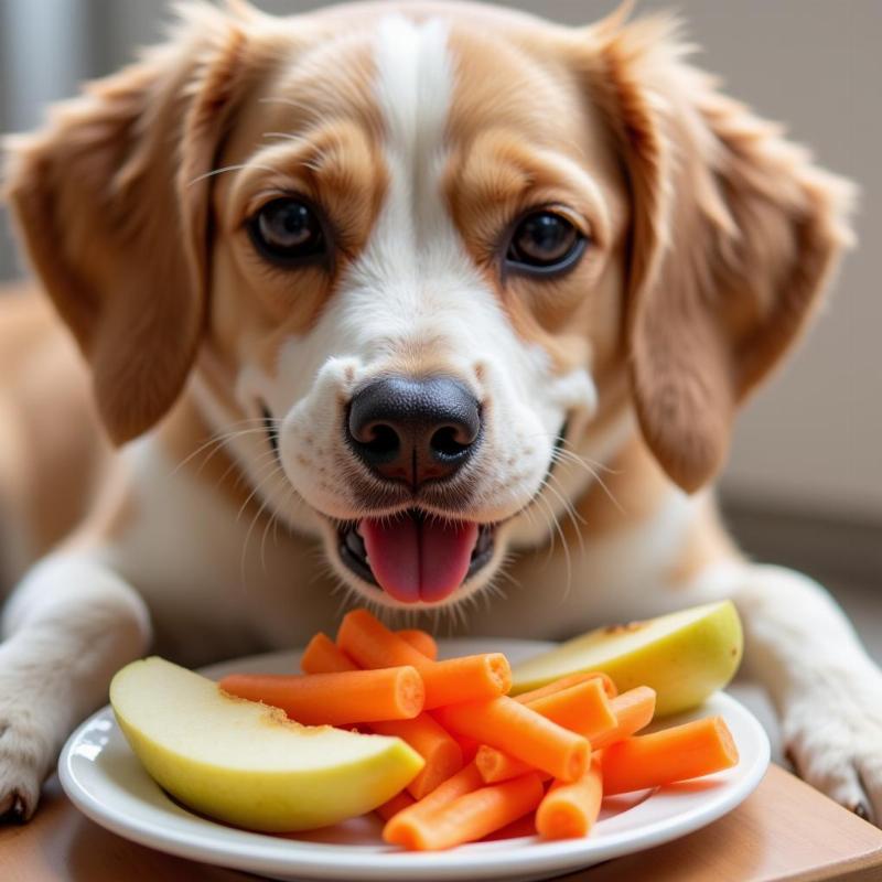 Dog enjoying healthy treats like carrots and apples