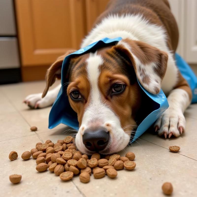 Dog eating kibble from a torn bag