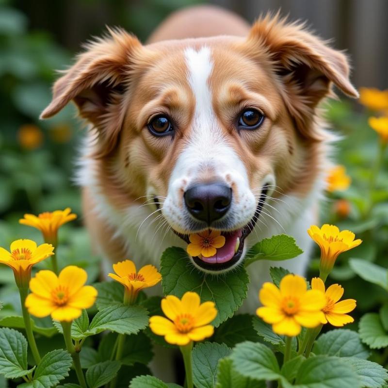 Dog eating nasturtiums in a garden.