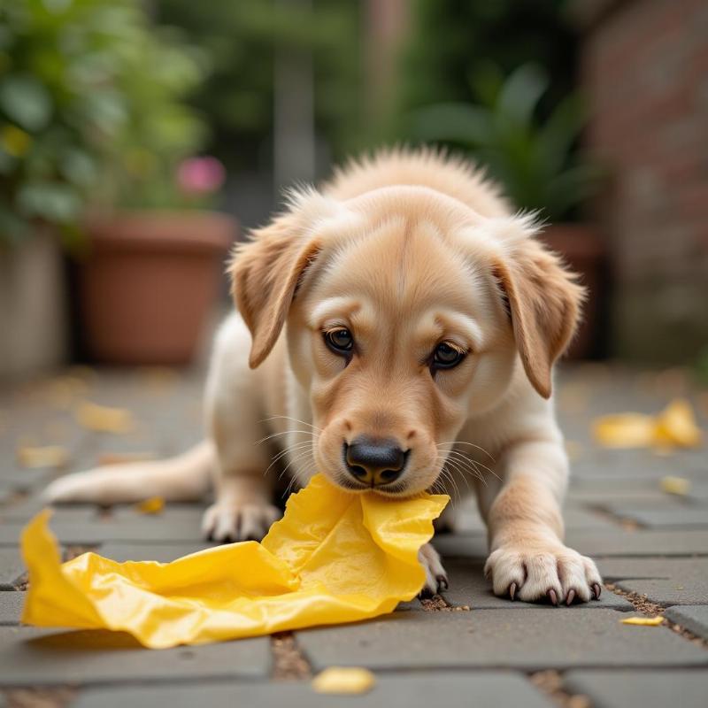 Dog eating a plastic cheese wrapper