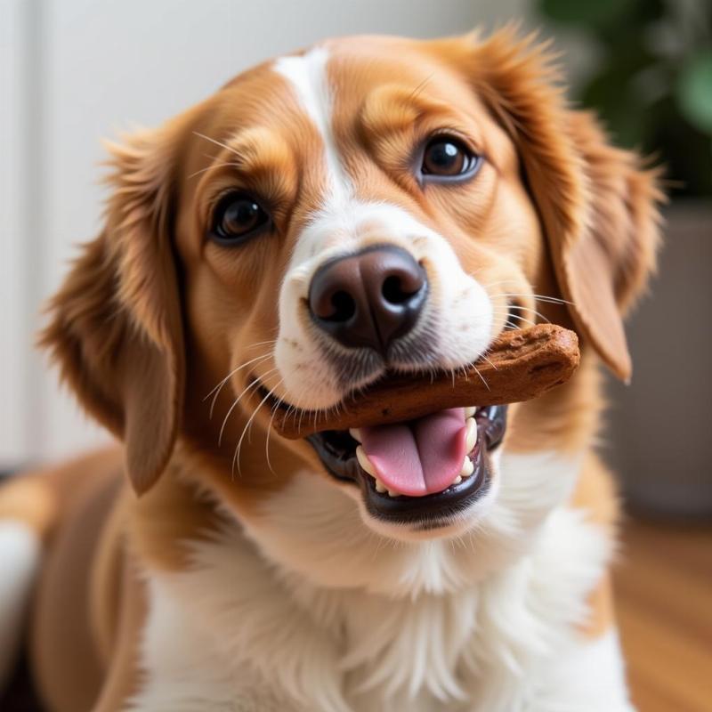 A happy dog enjoying a dog treat