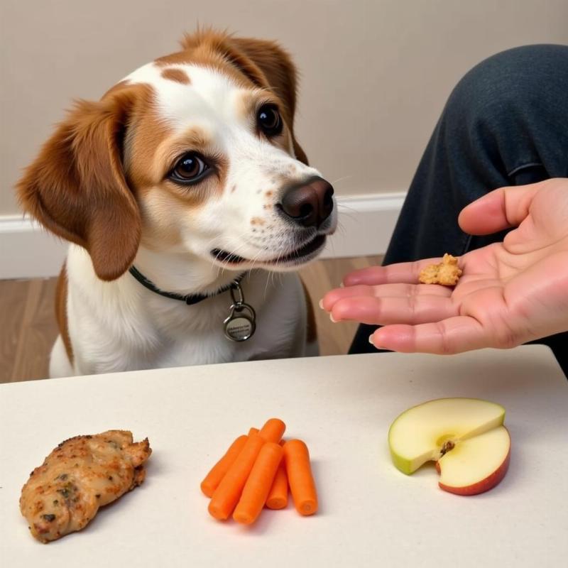 A dog enjoying healthy treats like carrots and apple slices