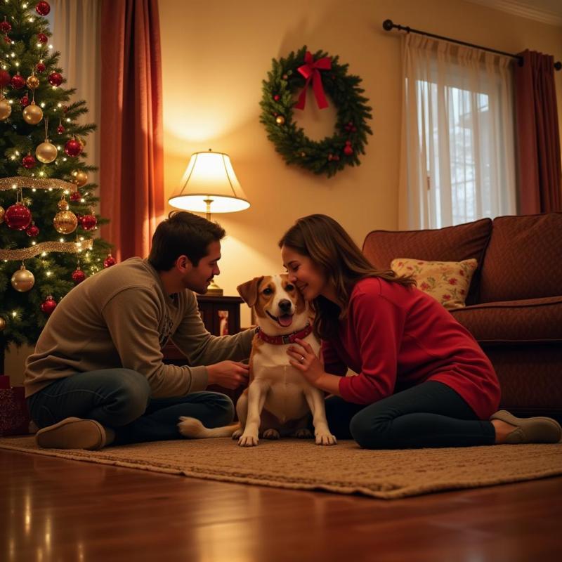 A dog playing with a family during their holiday sleepover.