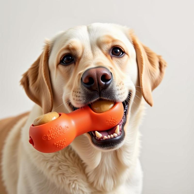 Dog enjoying a peanut butter Kong