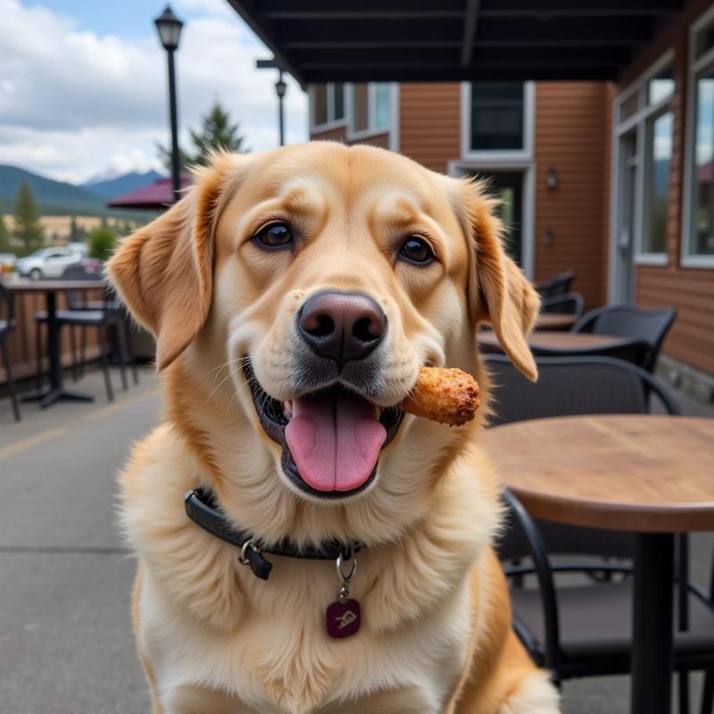 Dog enjoying a treat on a restaurant patio