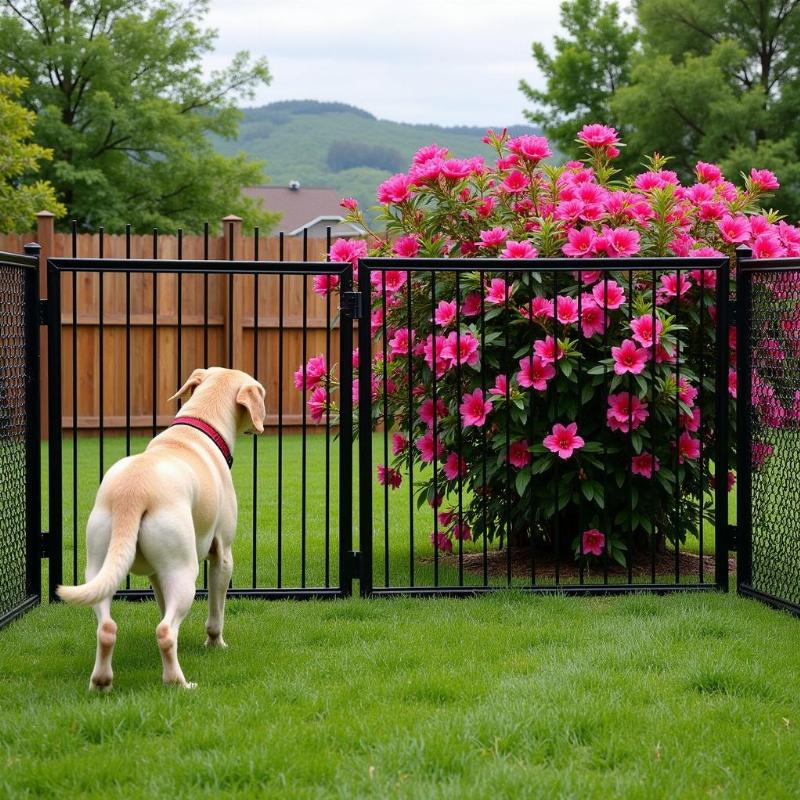 Dog Safely Fenced Away From Plumeria Plants