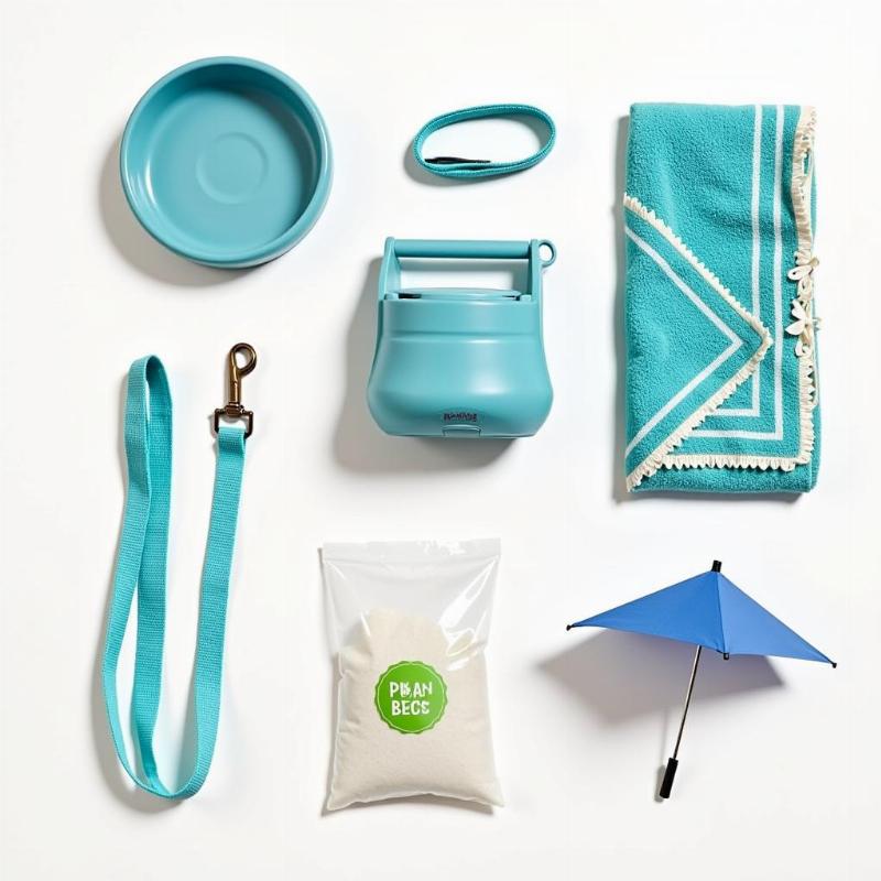 Essential Items for a Dog-Friendly Beach Trip: Water bowl, leash, poop bags, towel, and a beach umbrella.