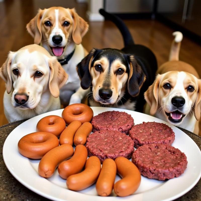 Dog-friendly hot dogs and hamburgers being served to happy dogs