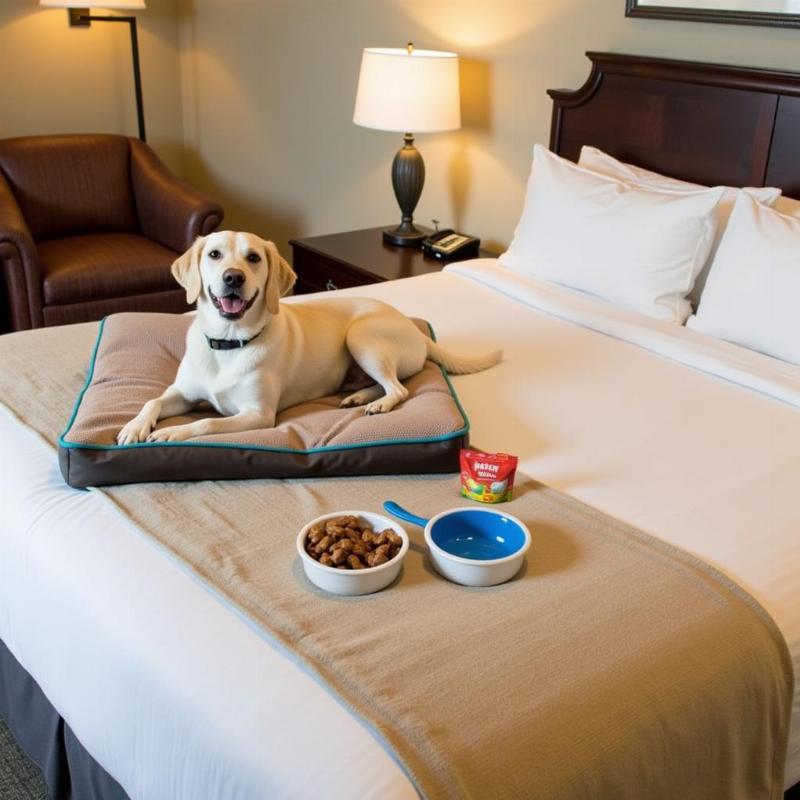 Dog-friendly hotel amenities like water bowls, treats, and comfy beds.