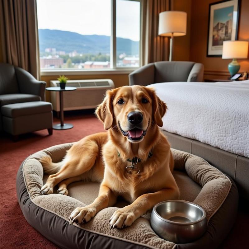 Dog-friendly hotel in Burlington, Vermont with a dog relaxing on a comfortable bed in a spacious room, featuring pet amenities like a water bowl and a dog bed.