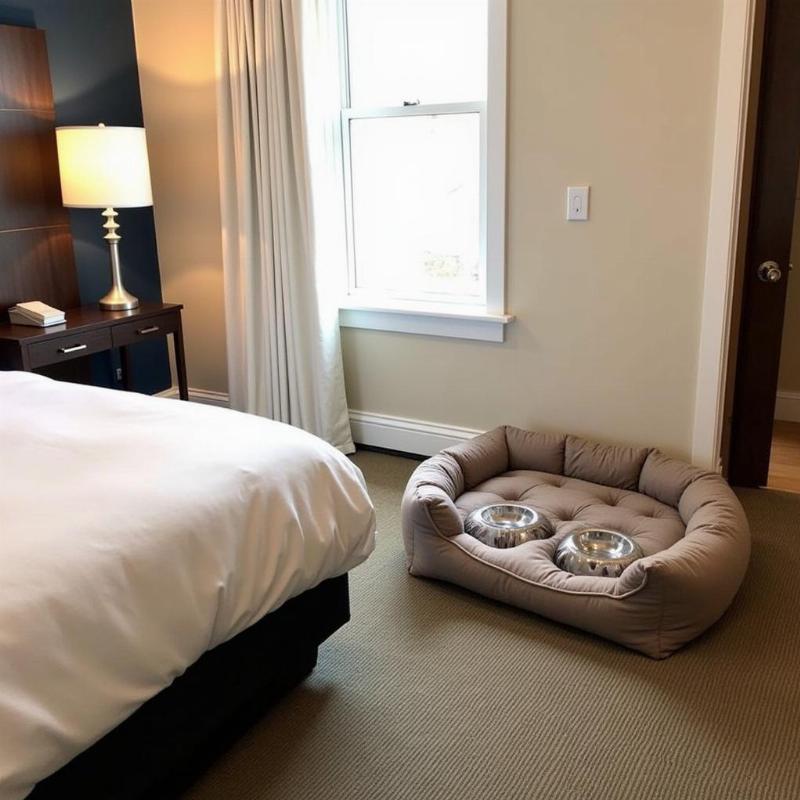 Dog-friendly hotel room in Burlington, VT with a dog bed and bowls.