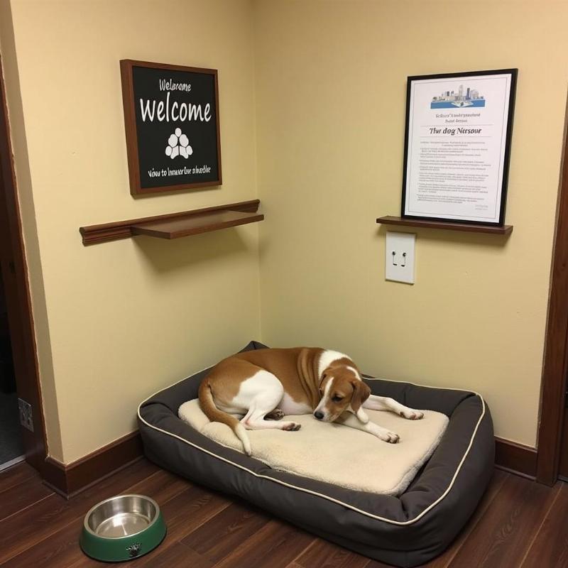 Dog-friendly hotel lobby in Buffalo with a dog bed and water bowl.