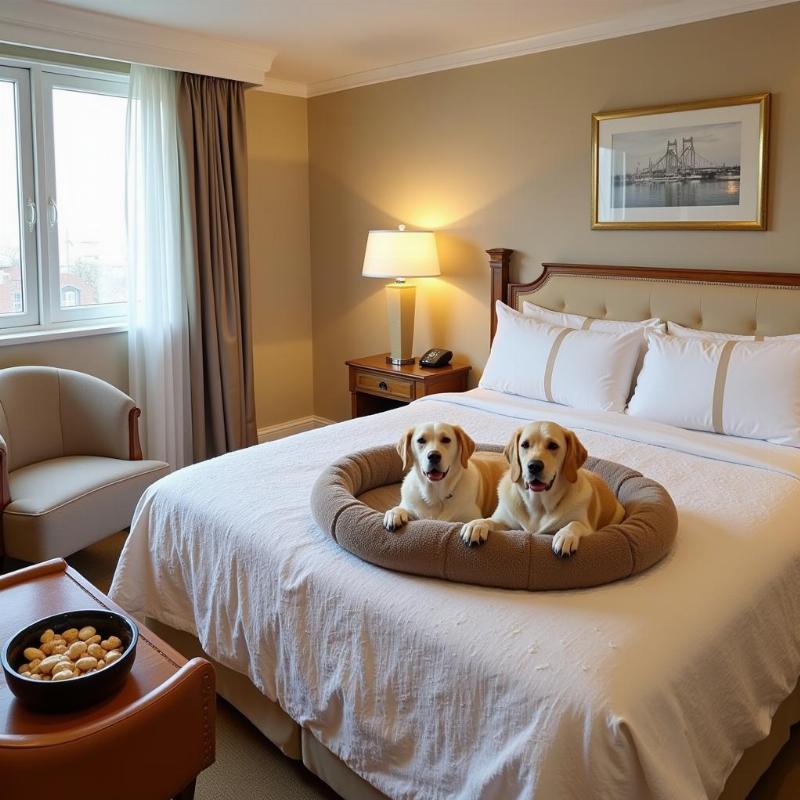 Dog-friendly hotel room in Klamath Falls with a dog bed and water bowl.