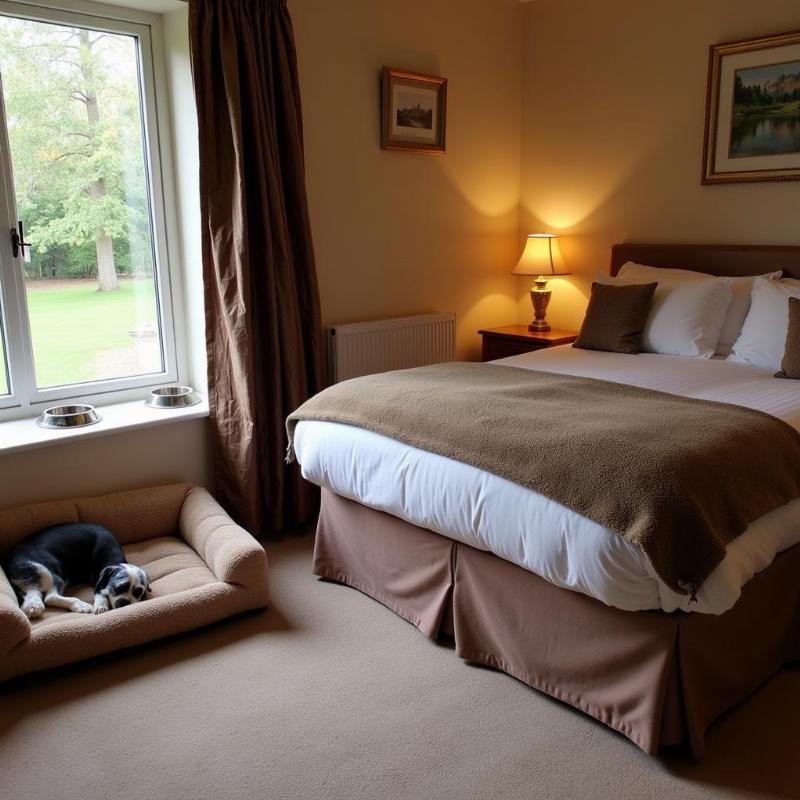 Dog-friendly hotel room with dog bed and bowls in the New Forest