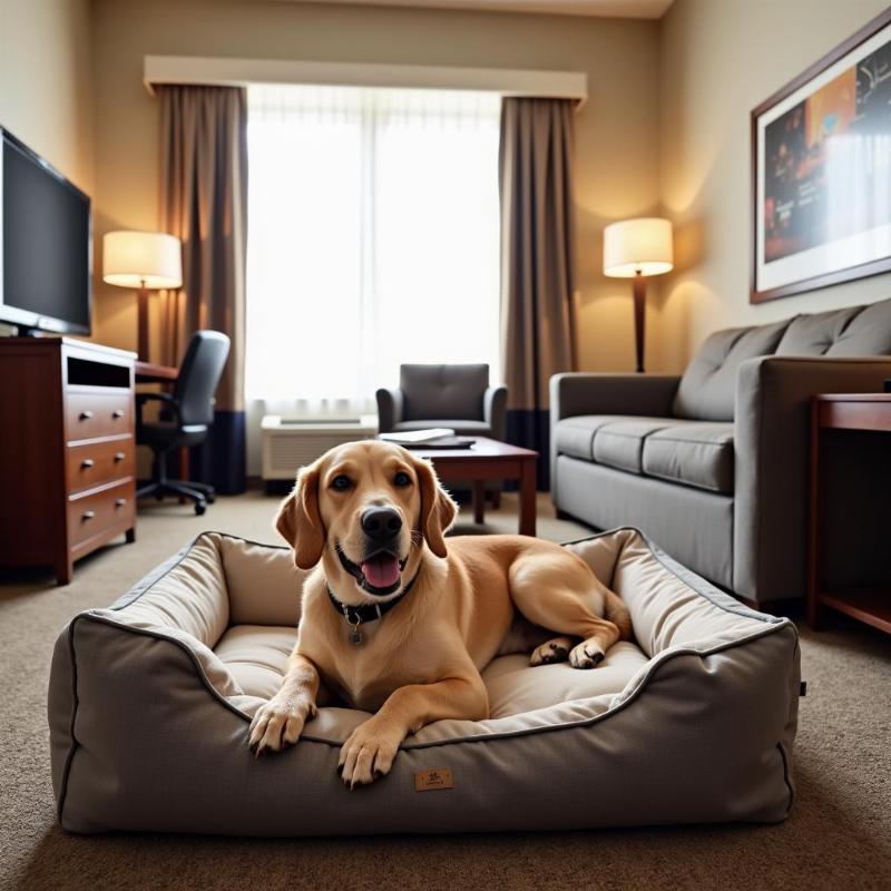 A dog relaxing in a Roanoke hotel room