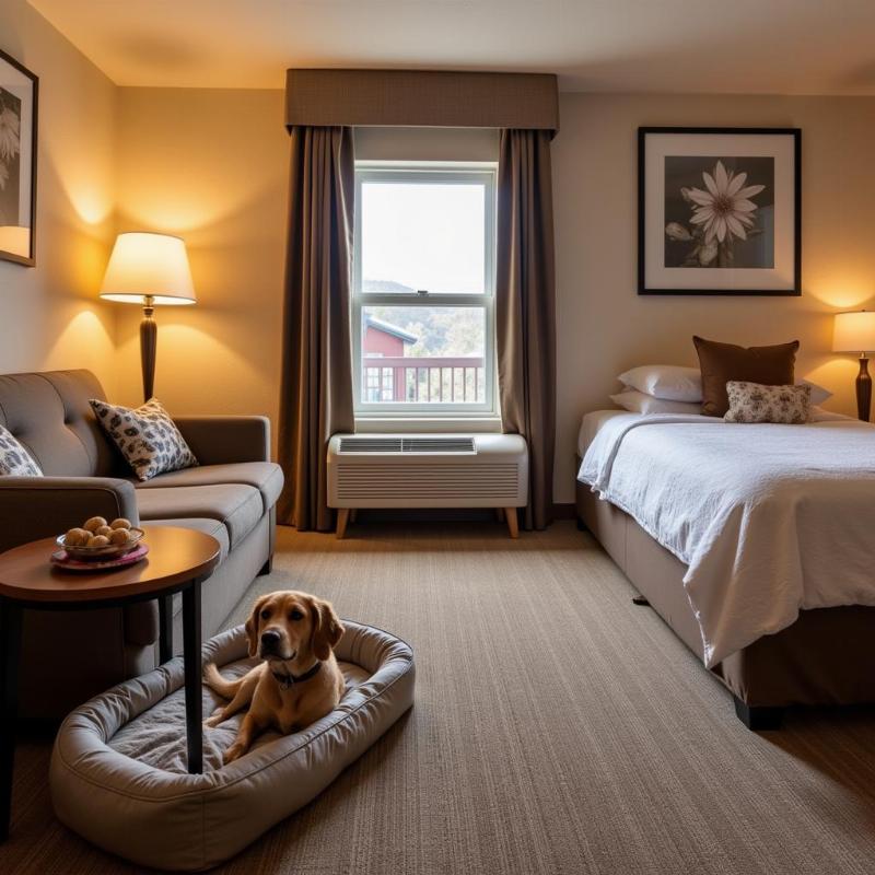 A cozy dog-friendly hotel room in Sparks, NV with a dog bed and water bowl.