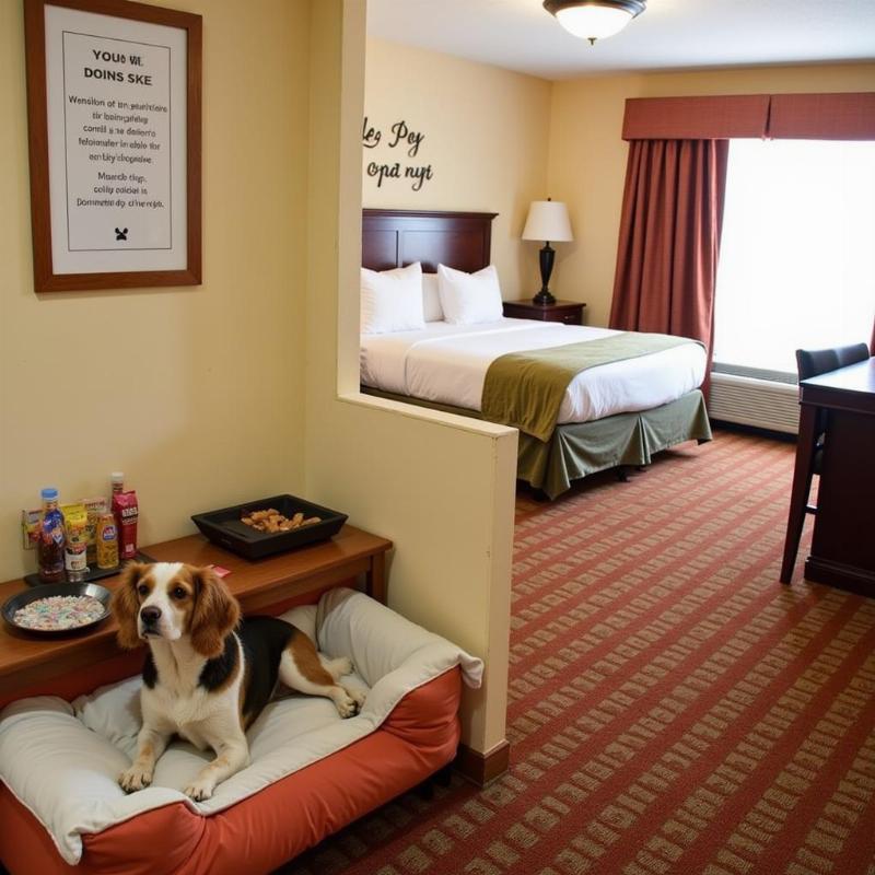 Dog-friendly hotel room in Texas with a comfy dog bed and water bowl.