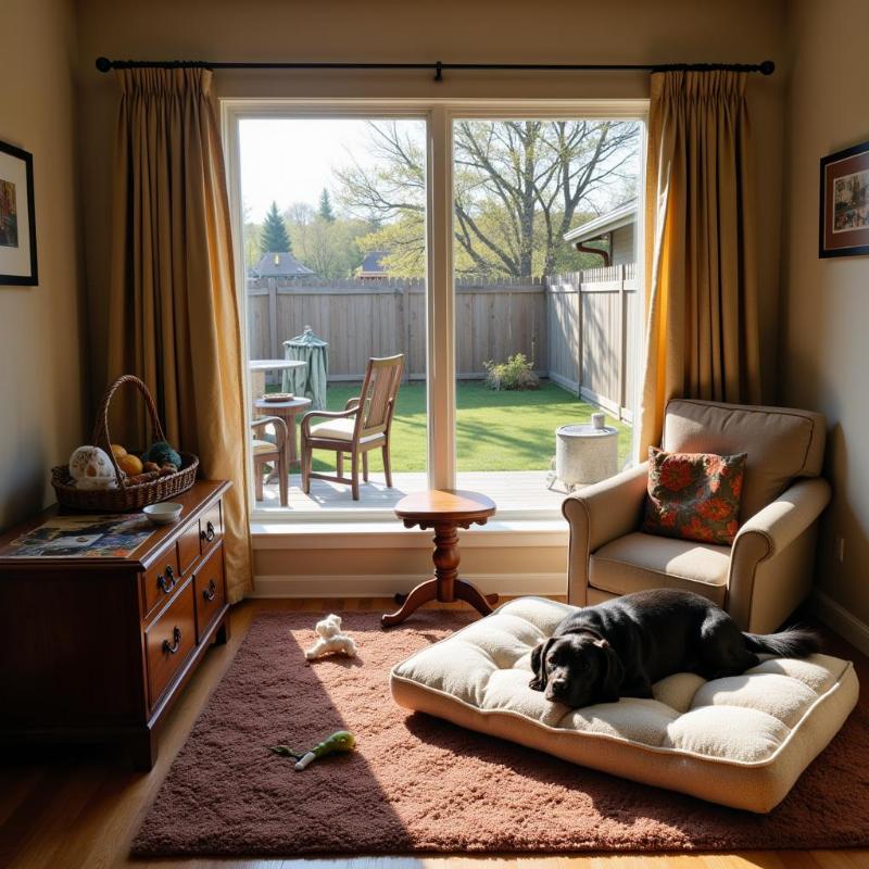 Dog-friendly amenities at a Maine inn: water bowls, dog bed, and treats.