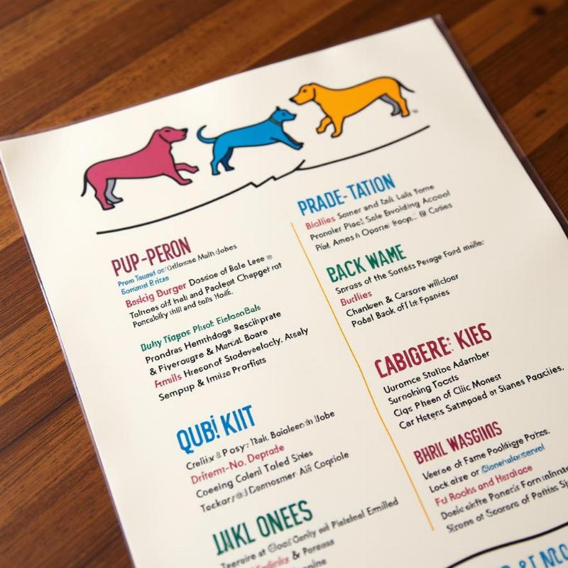 A close-up of a dog-friendly menu at a St. Louis Park restaurant, featuring special treats and meals for dogs.