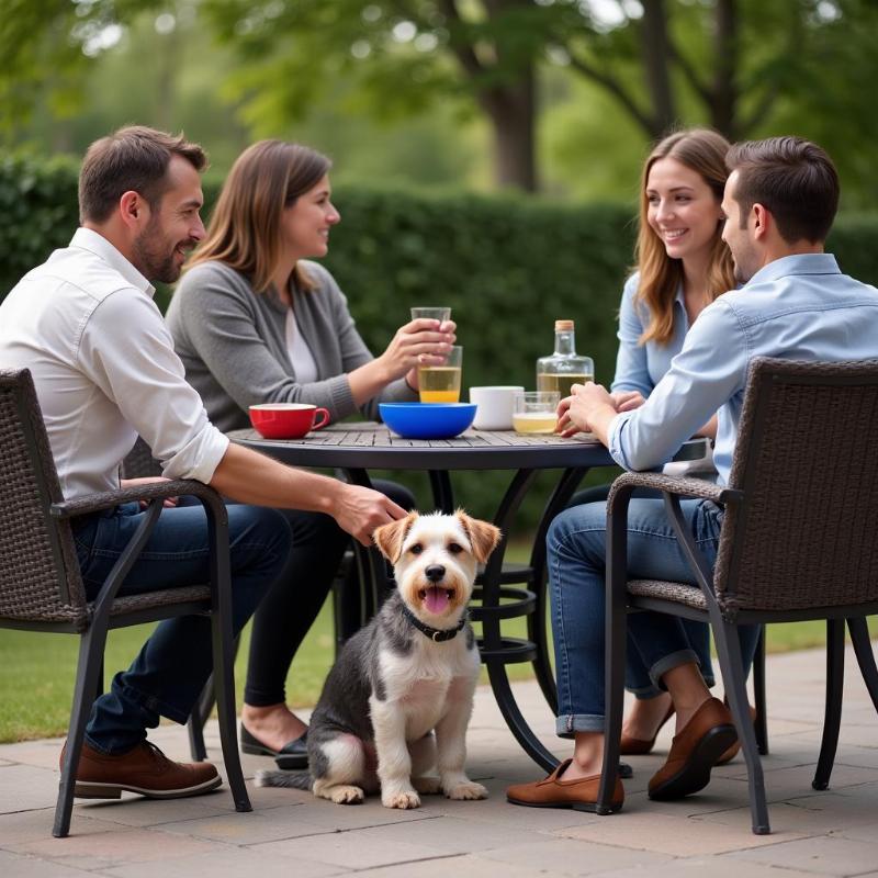 Dog sitting patiently beside its owner at a patio restaurant