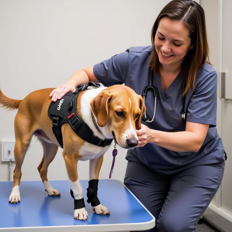 Dog undergoing physical therapy for front leg weakness