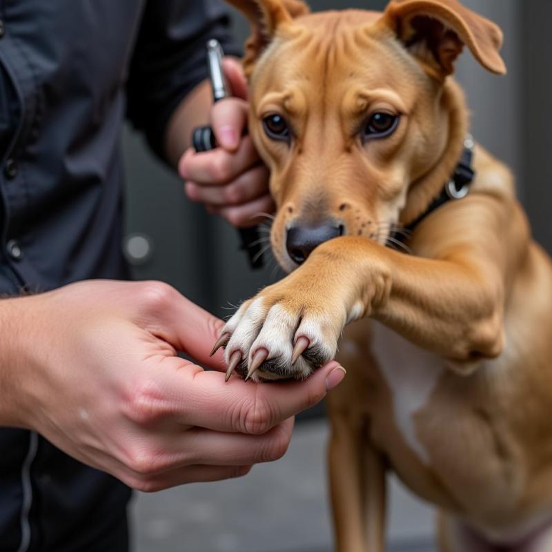 Dog getting nails trimmed by mobile groomer