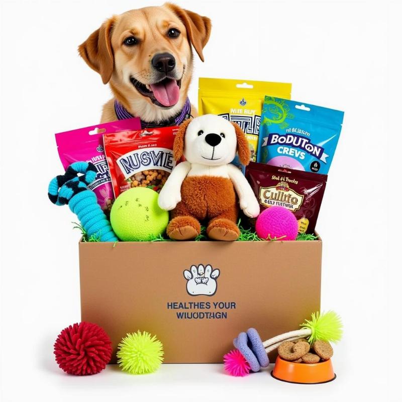 A dog gift box overflowing with toys, treats, and accessories.