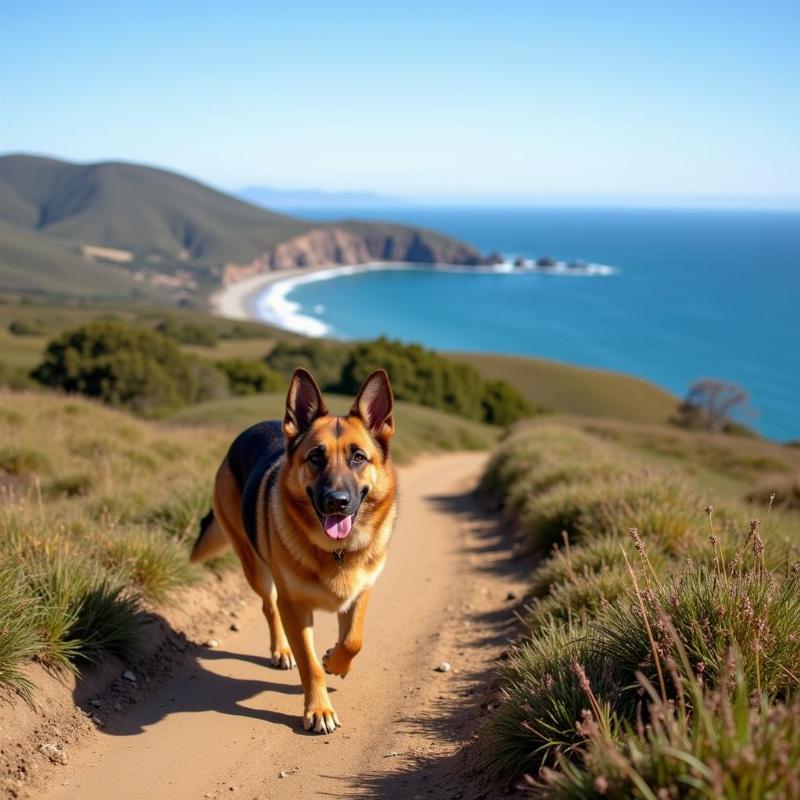 Dog hiking on a trail in Bodega Bay with ocean views in the background.