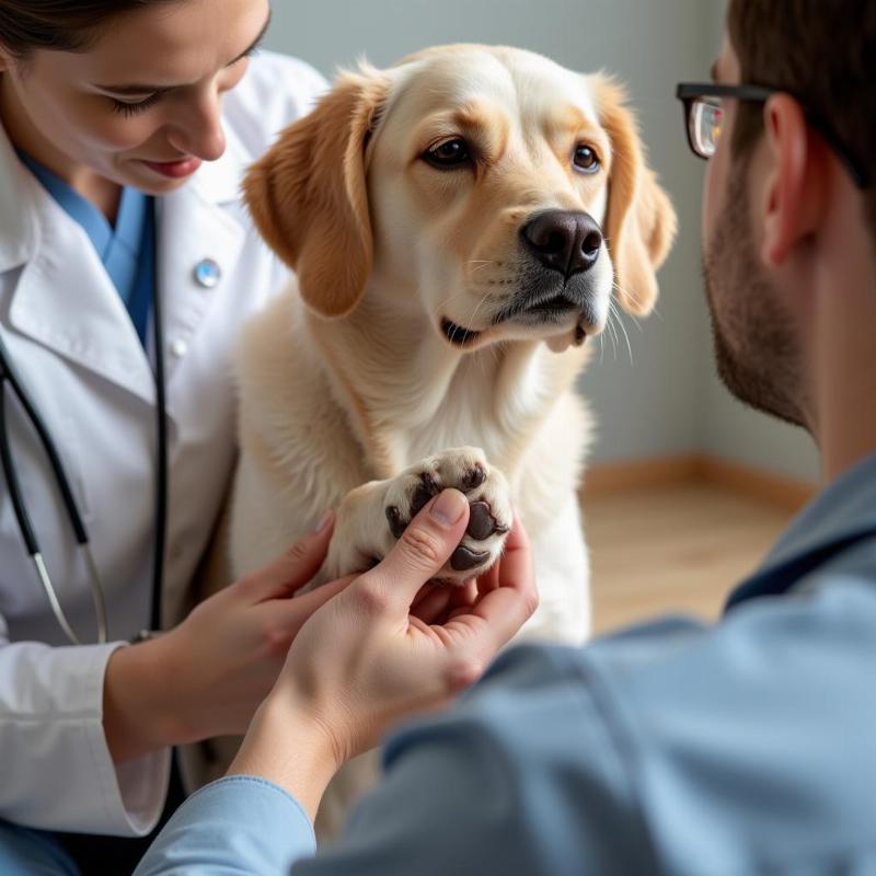 Examining a dog's paw for injuries