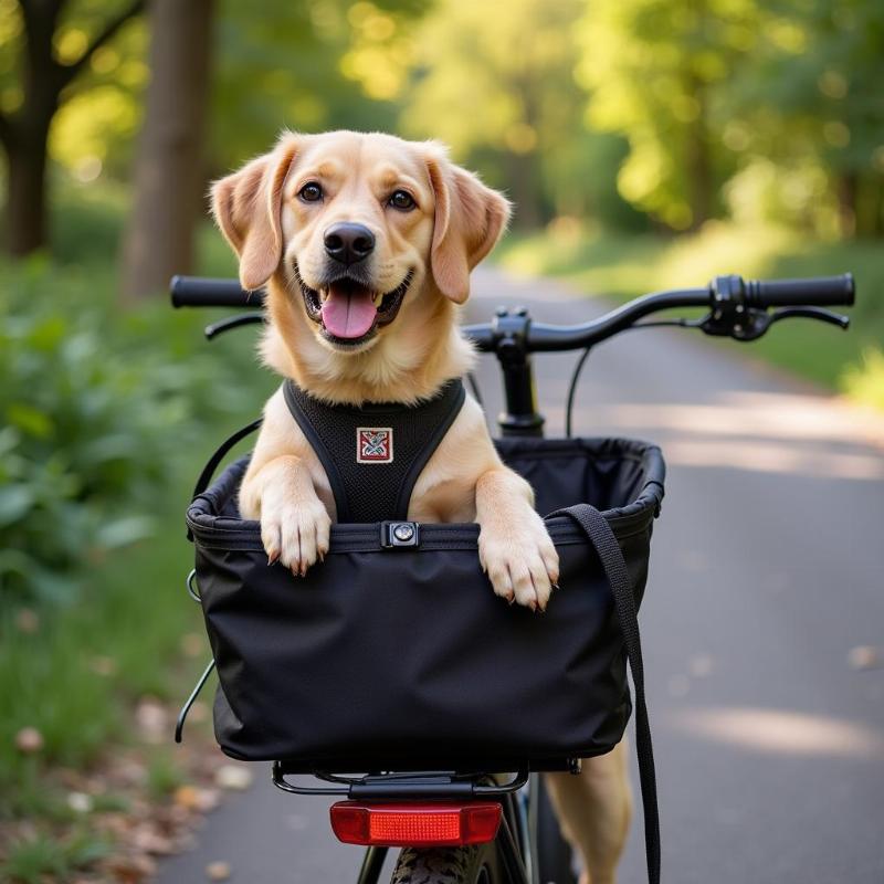 A happy dog enjoying a ride in a rear bike basket