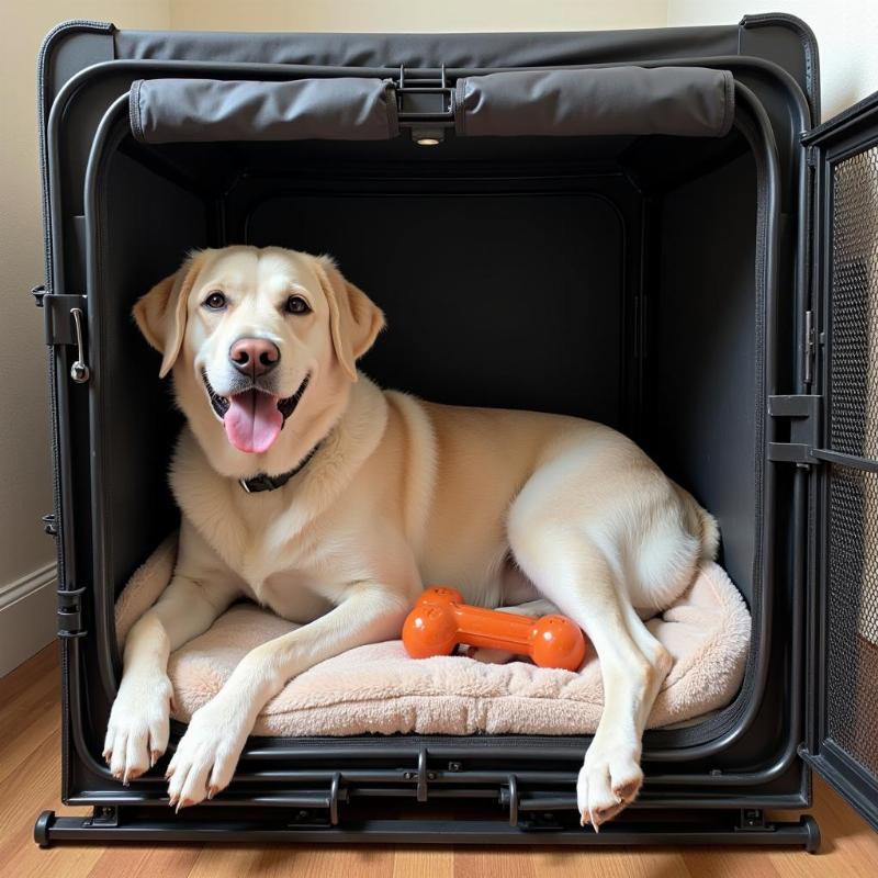 Dog relaxing in a comfortable crate