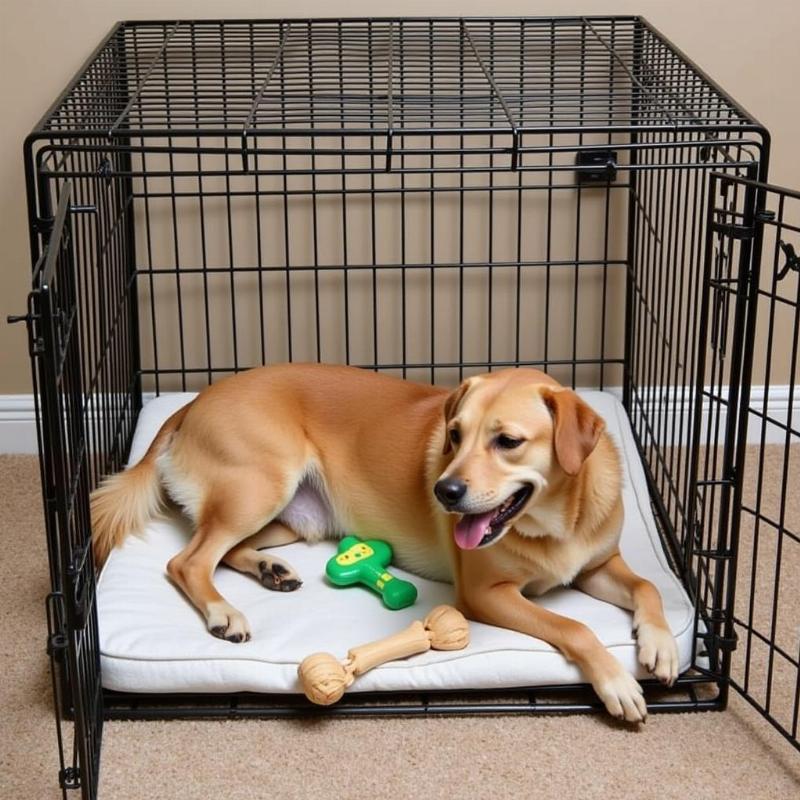 Dog in a Comfortable Crate with Toys