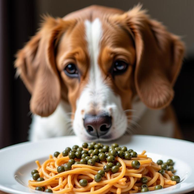 Dog looking at capers on a plate