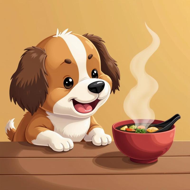 A dog looking longingly at a bowl of miso soup