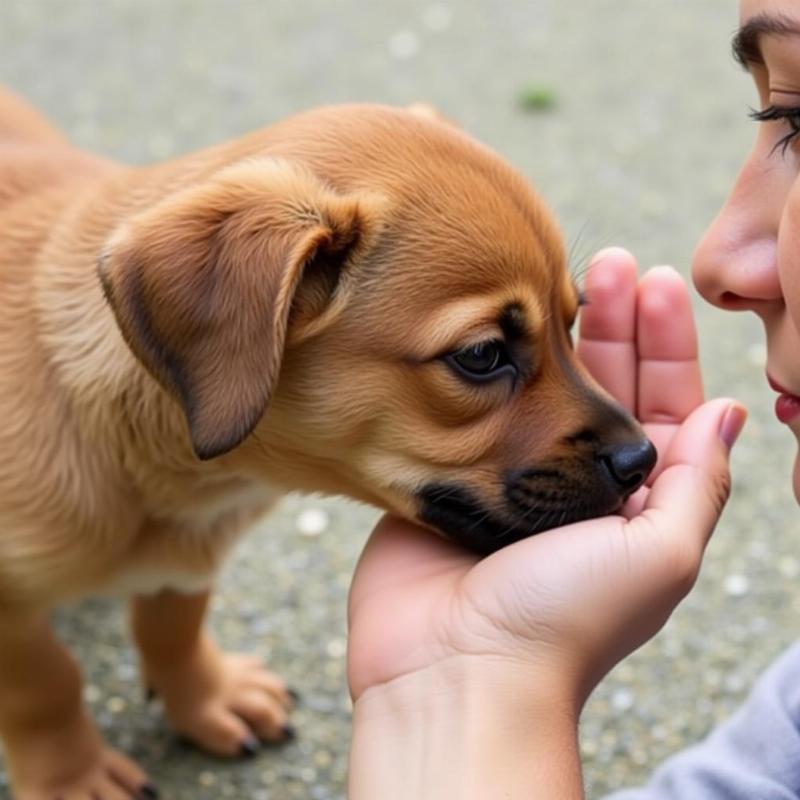 Chó con đang gặm nhấm tay chủ một cách vui đùa