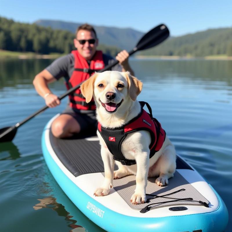 Dog enjoying a paddle board ride on calm water