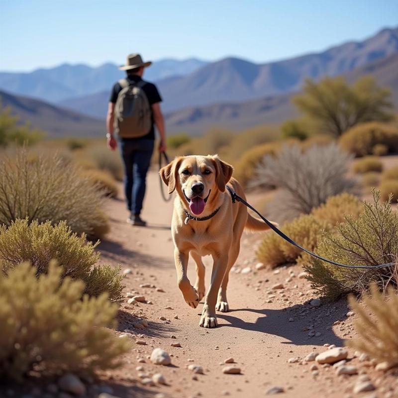 Dog on a leash hiking in the desert