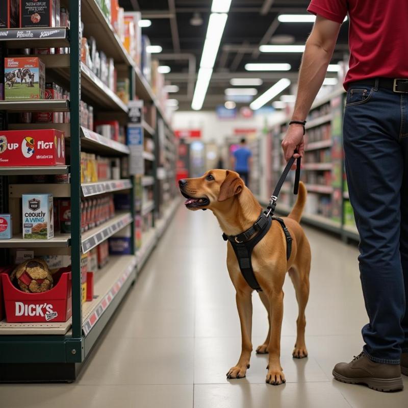 Dog on Leash in Dick's Sporting Goods